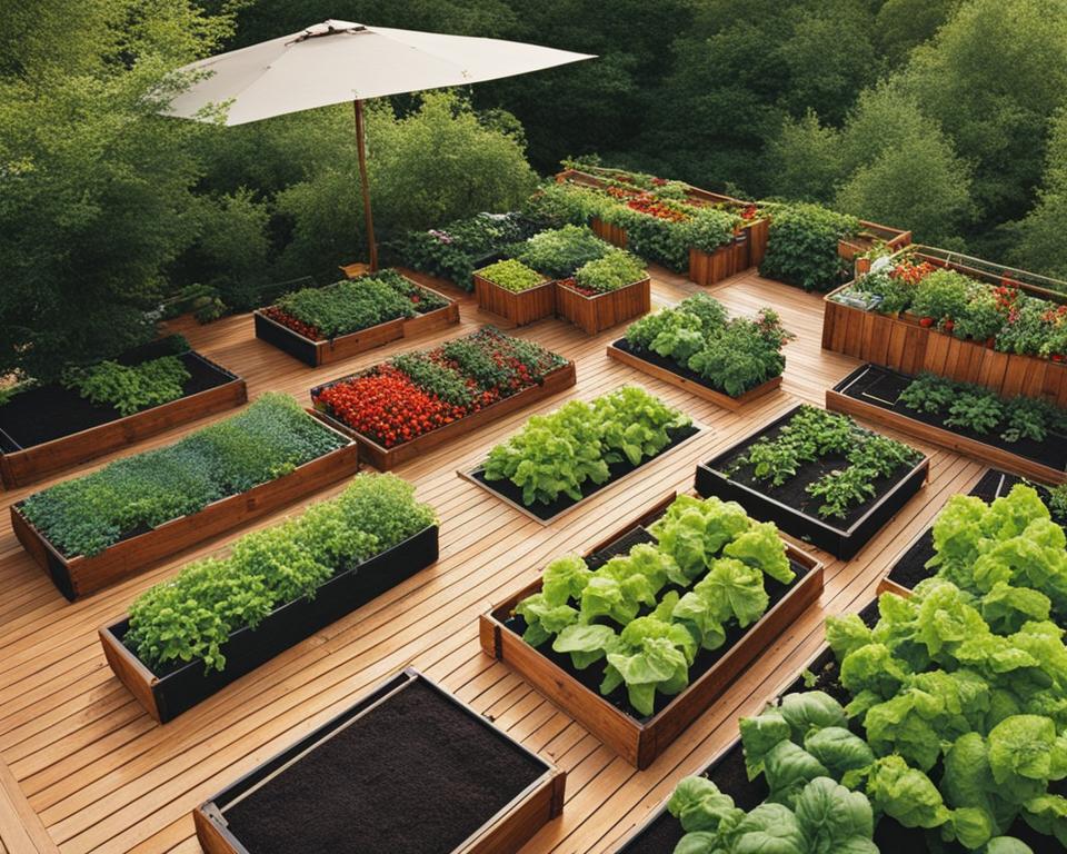 Deck vegetable garden design with a trellis system