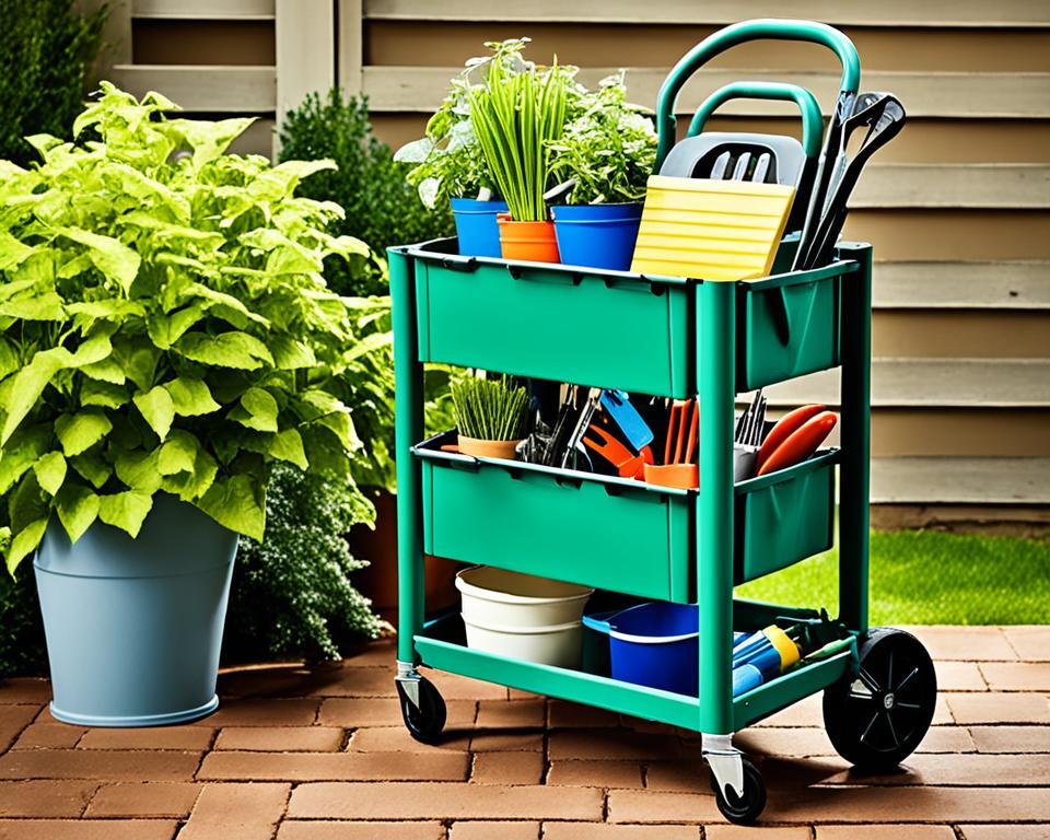 Collapsible utility cart loaded with gardening supplies