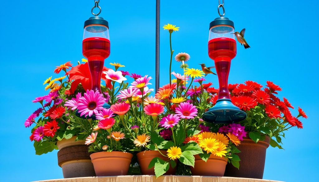 Container garden with hummingbird feeders