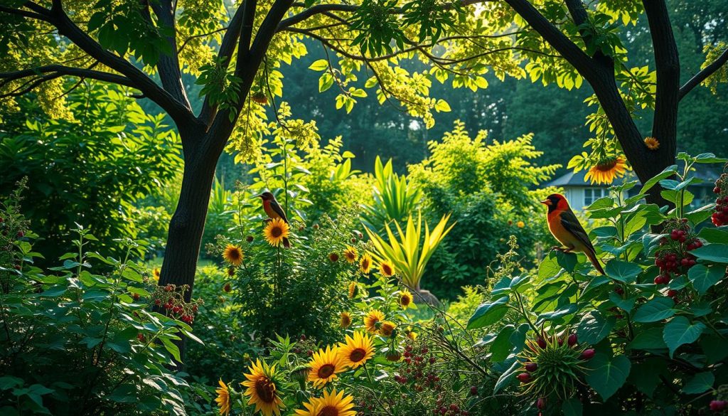 Native trees attracting birds in a garden