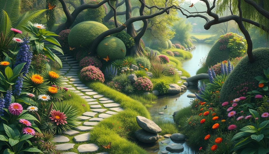 Wildlife habitats with native plants and water features
