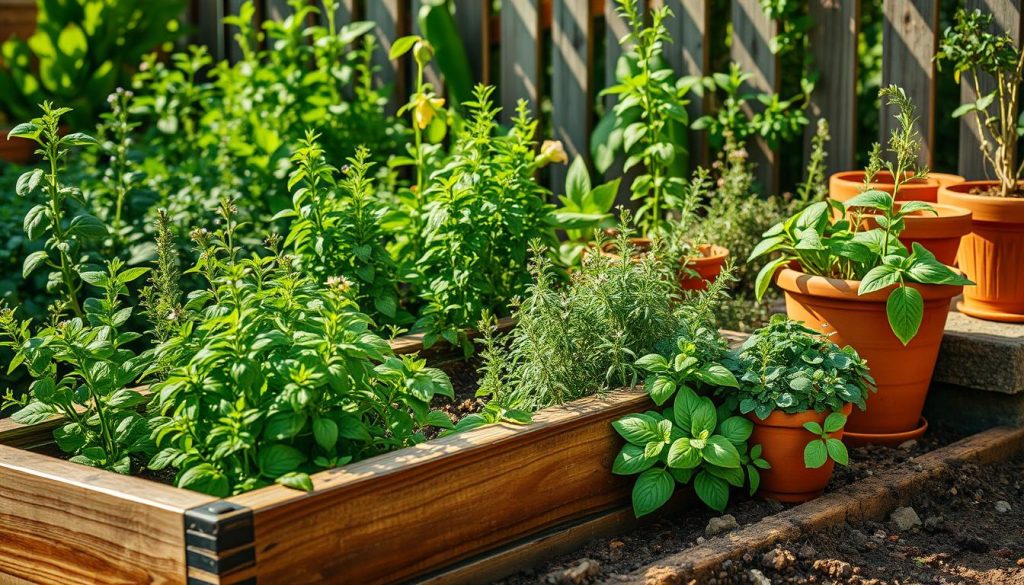 Growing herbs in a garden
