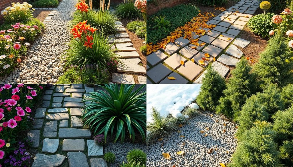 Low-maintenance pathways in different seasons