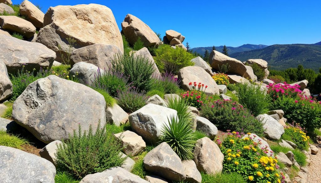 Natural stone arrangements in a rock garden