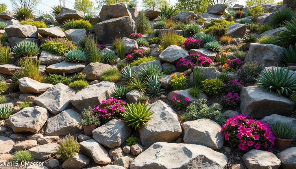 Rock garden design ideas with layered plants